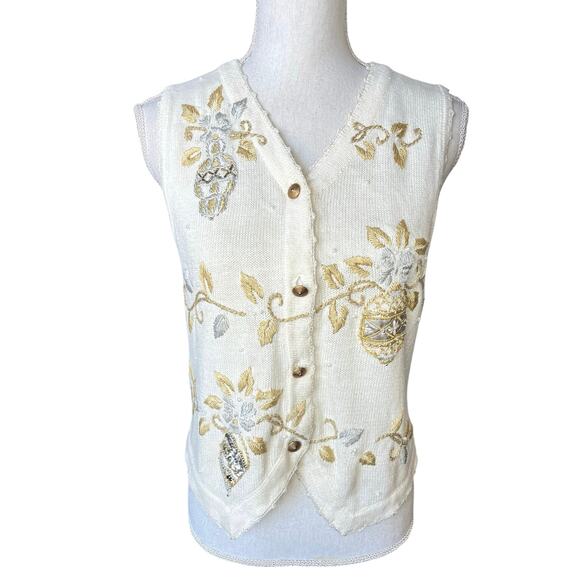 American vintage Jackets & Blazers - Vintage holiday knit vest sequins embroidered cream retro grandma core festive